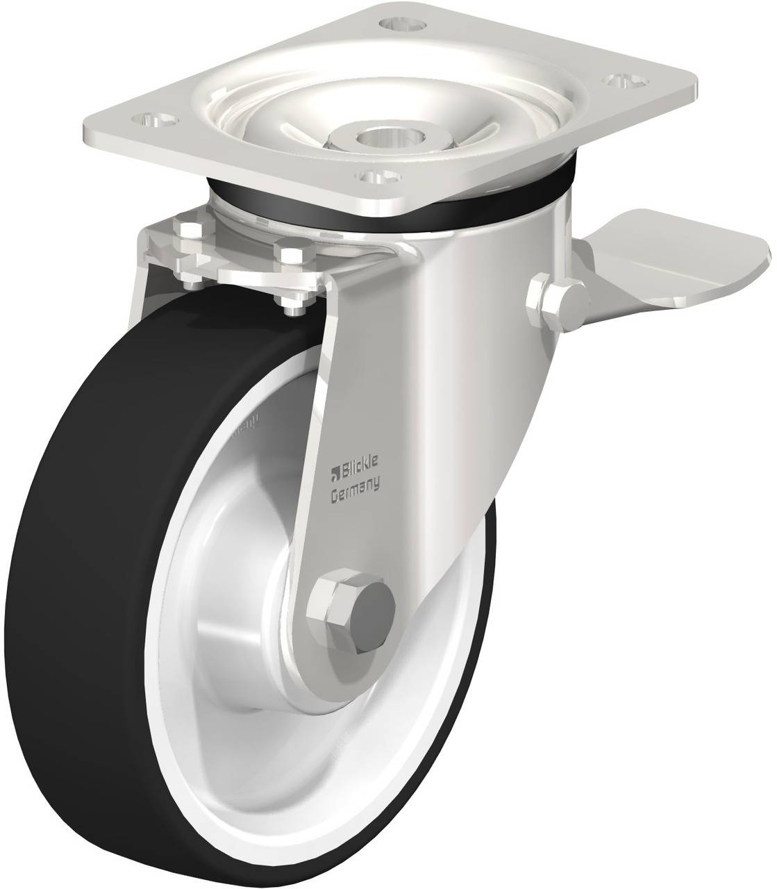 Industrie-Rollenrad aus Metall und Gummi mit Befestigungsplatte, verwendet für Möbel oder Transportgeräte.