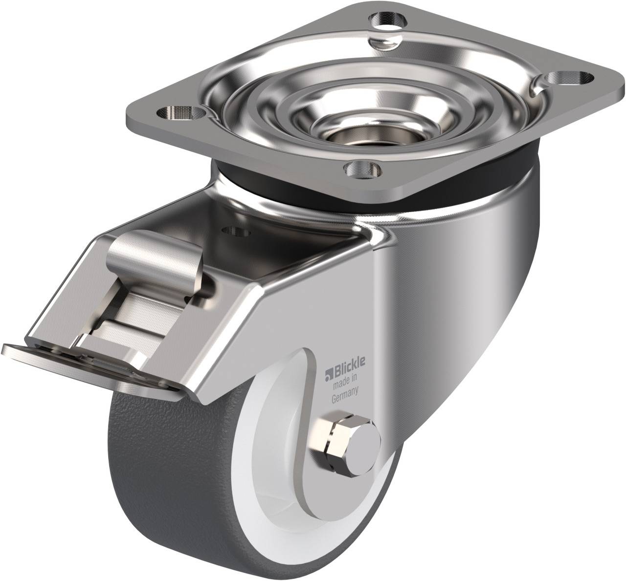 Schwenkrolle mit Feststeller, aus Edelstahl, für industrielle Anwendungen. Robustes Design mit glatter, grauer Rolle auf Metallplatte.