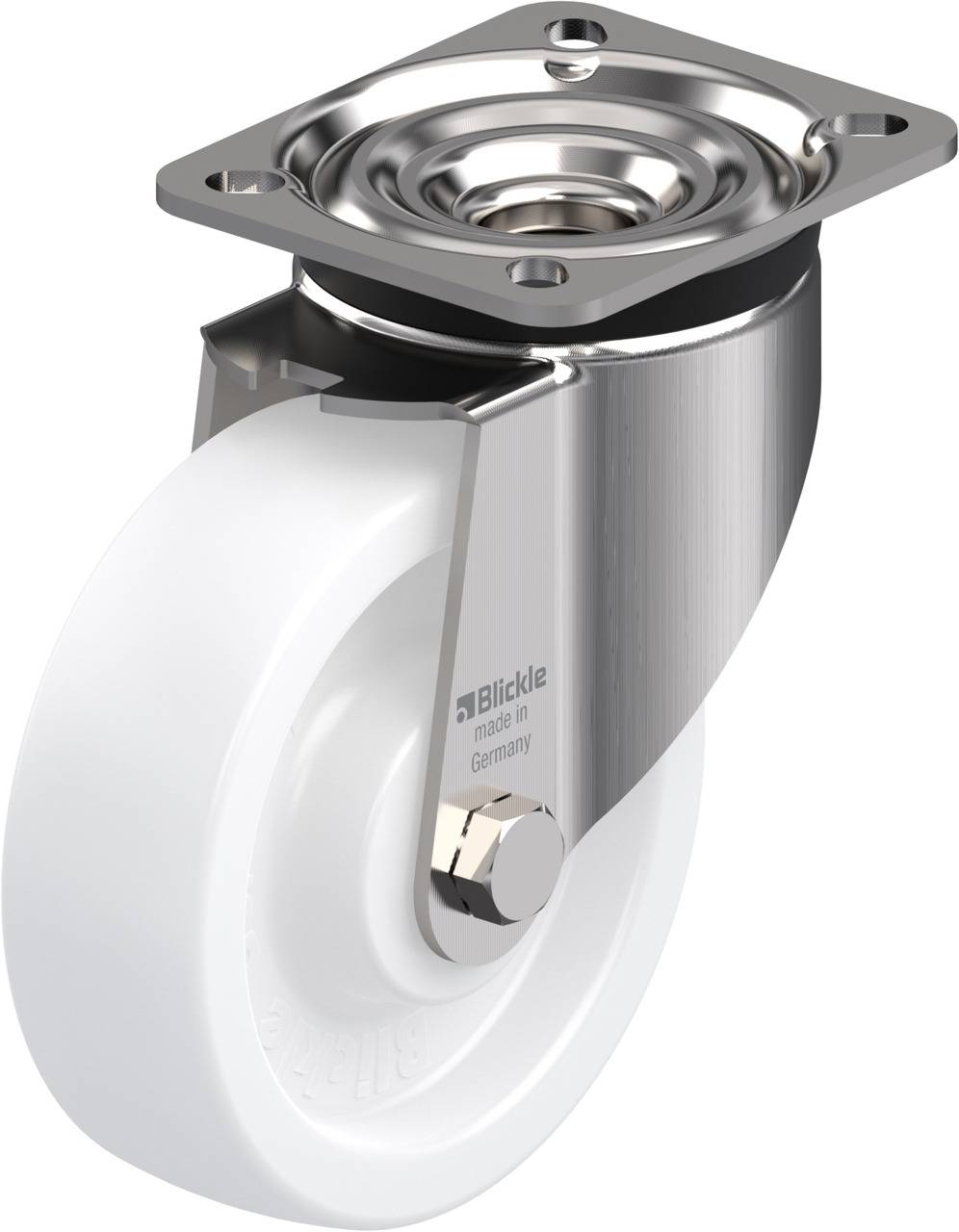 'Blickle' Lenkrolle aus Metall mit weißem Rad, geeignet für schwere Lasten. Oberseite zeigt Montageplatte. Hergestellt in Deutschland.