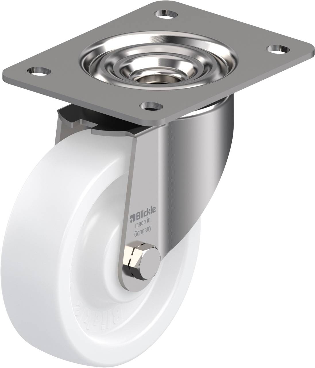 Stabiler Lenkrolle mit weißem Rad, befestigt an einer flachen Metallplatte. Geeignet für Möbel oder Industrieanwendungen.
