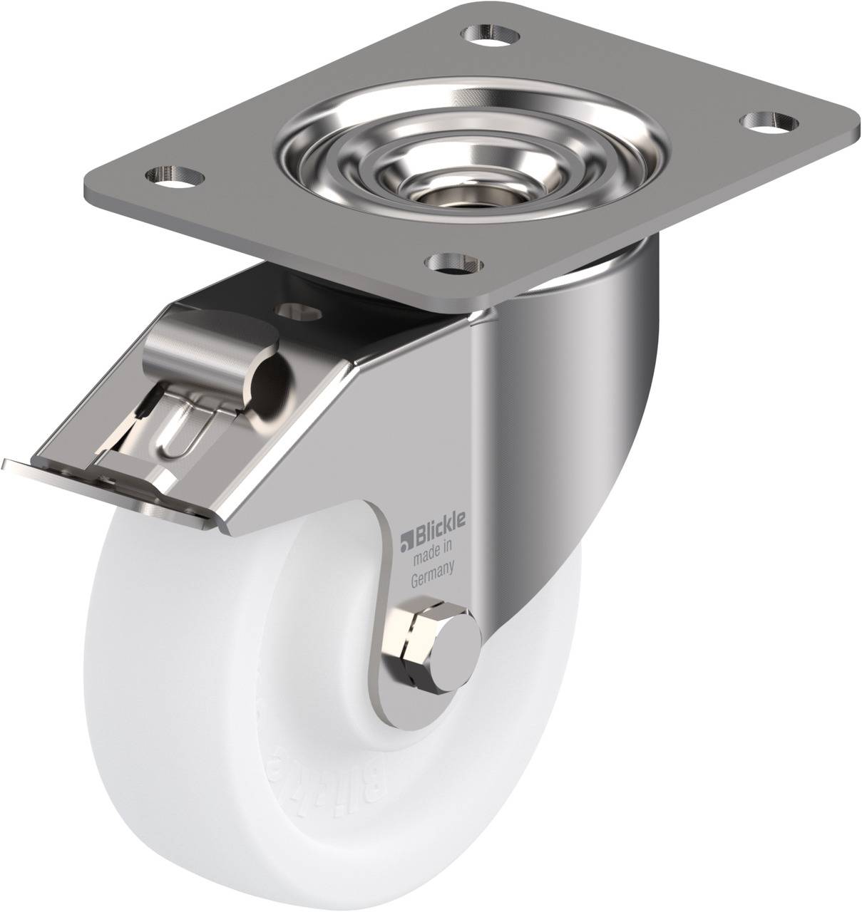 Schwenkrolle mit weißem Rad und Metallgehäuse, geeignet für Möbel oder Transportgeräte. Rolle ist drehbar und hat eine Montageplatte.