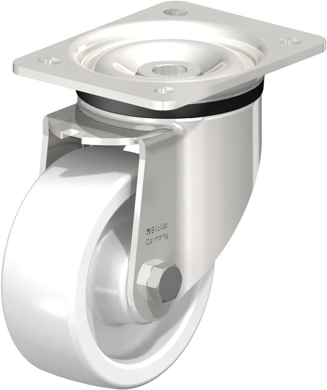 Gleitrolle aus weißem Kunststoff mit silberner Halterung. Verwendet für Möbel oder Geräte zur einfachen Bewegung und Positionierung.