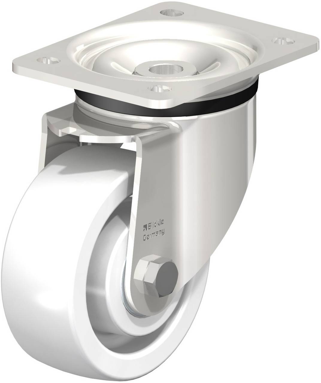 Metallenes Lenkrolle mit weißem Rad und rechteckiger Befestigungsplatte, geeignet für Fahrzeug- oder Möbelmontage.