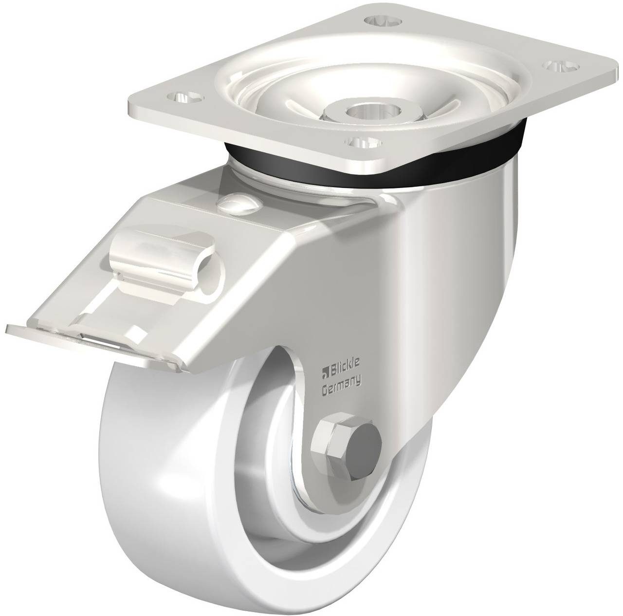 Metallisches Lenkrollenrad mit Platte und Halterung, geeignet für industrielle Anwendungen. Hochglänzende Oberfläche und robuste Bauweise.