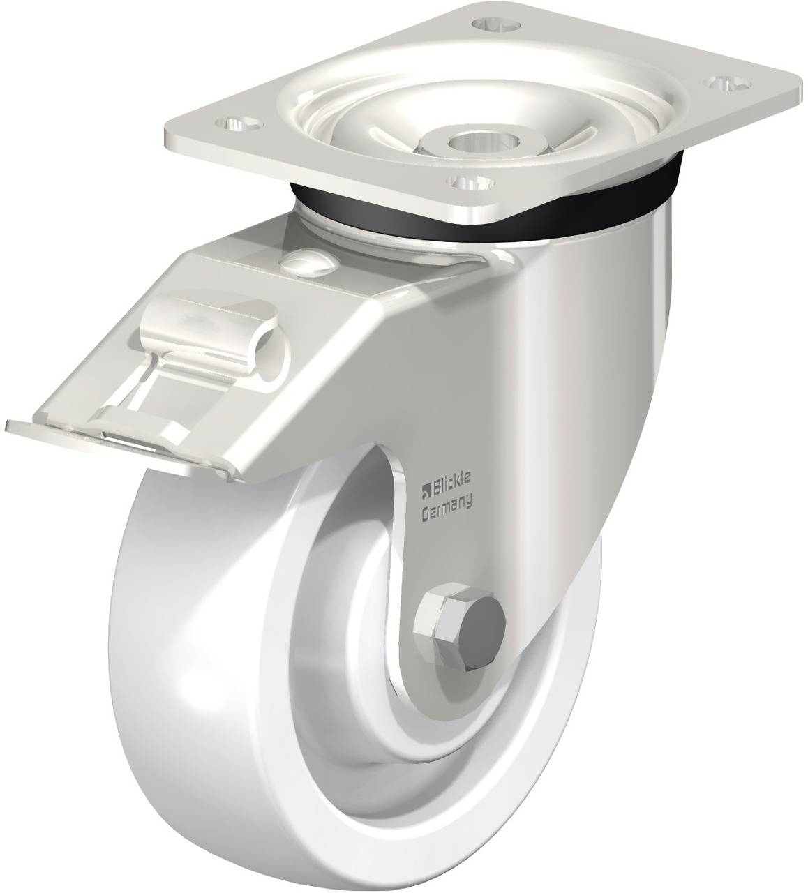 Metalllenkrolle mit weißem Rad und Befestigungsplatte. Geeignet für Möbel oder Geräte, die Mobilität erfordern.