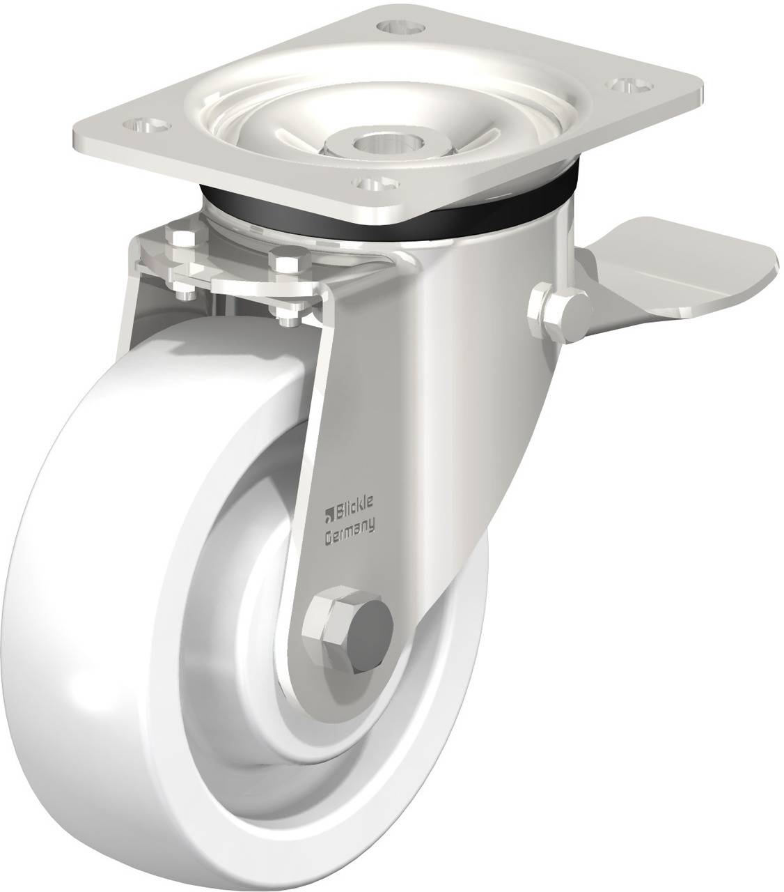 Schwenkrolle aus Metall mit weißem Rad und Feststeller, geeignet für den Einsatz an Möbeln oder Geräten, um Mobilität zu ermöglichen.