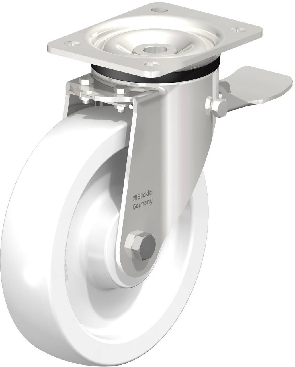 Industrie-Lenkrolle mit weißem Rad in Metallhalterung. Geeignet für Möbel oder Maschinen, ermöglicht leichtes Drehen und Bewegen.