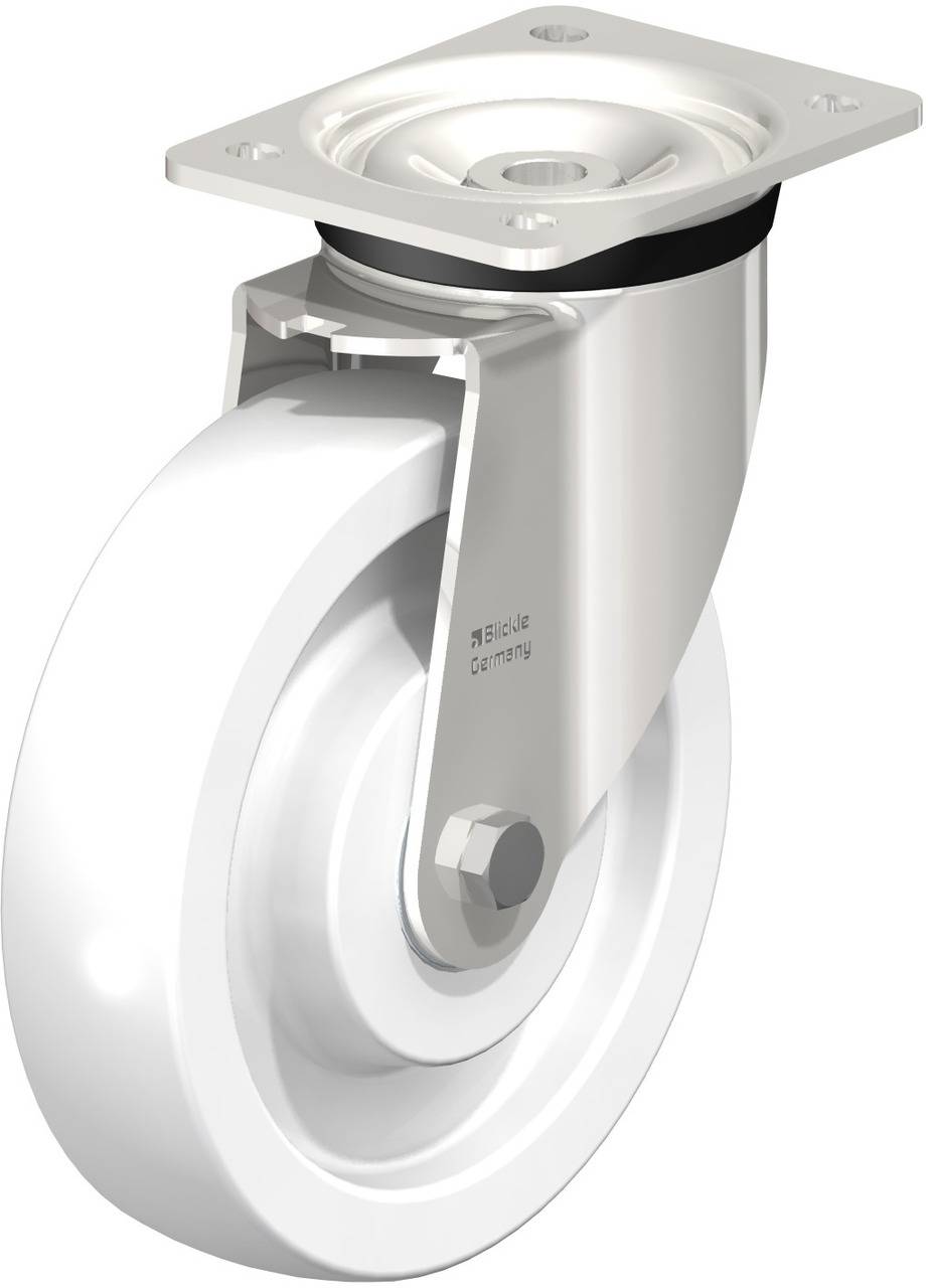 Eine weiße Rollenrolle mit Stahlhalterung, geeignet für Möbel oder Geräte, gezeigt in seitlicher Ansicht.