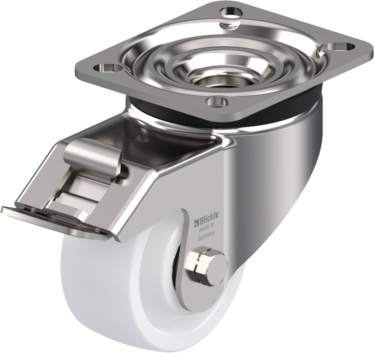 Schwenkrolle mit festem Gehäuse und runder, weißer Kunststoffradfläche, geeignet für Möbel oder Geräte.