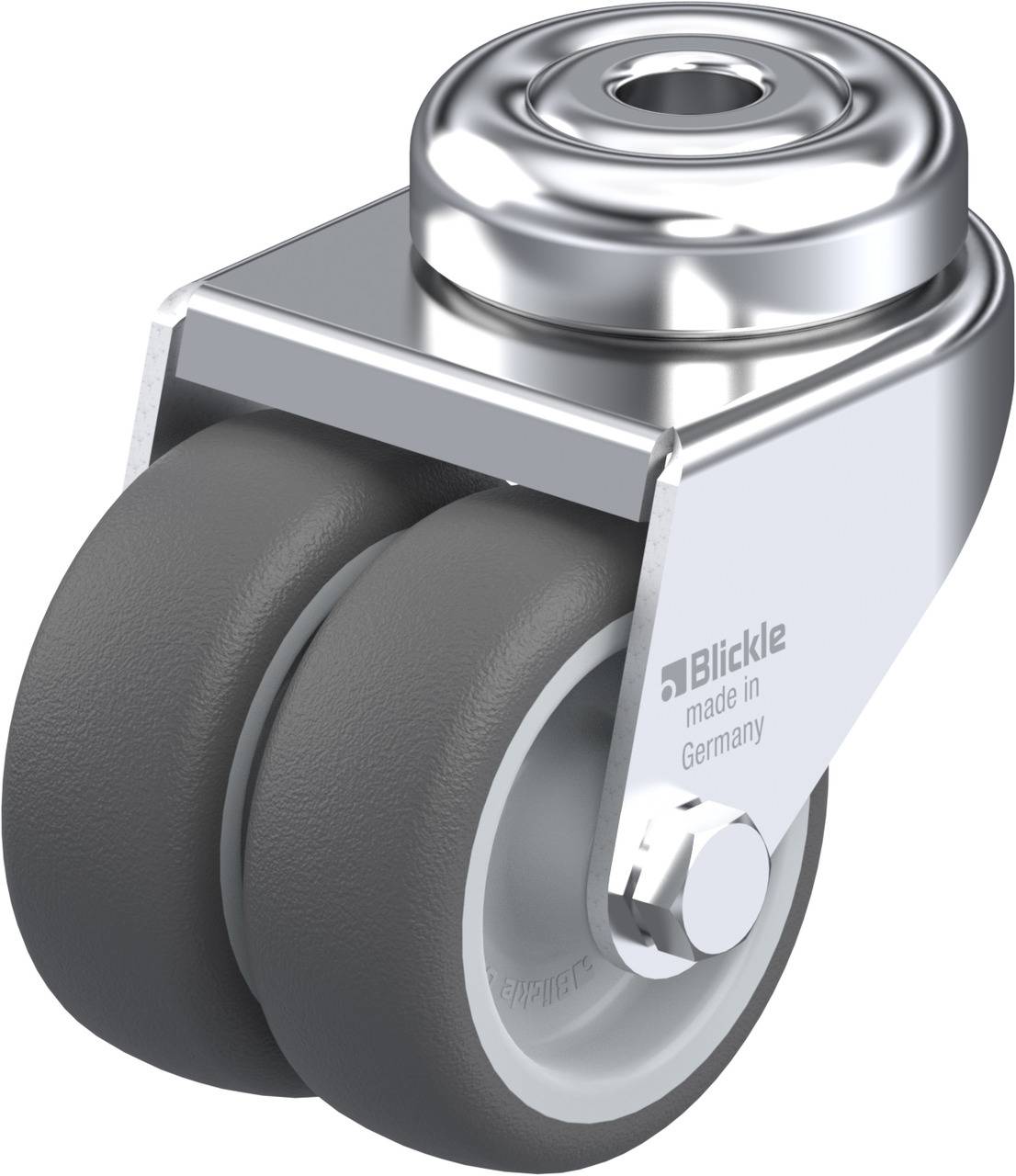 Doppelrad-Lenkrolle aus Metall und Gummi, hergestellt in Deutschland von Blickle.