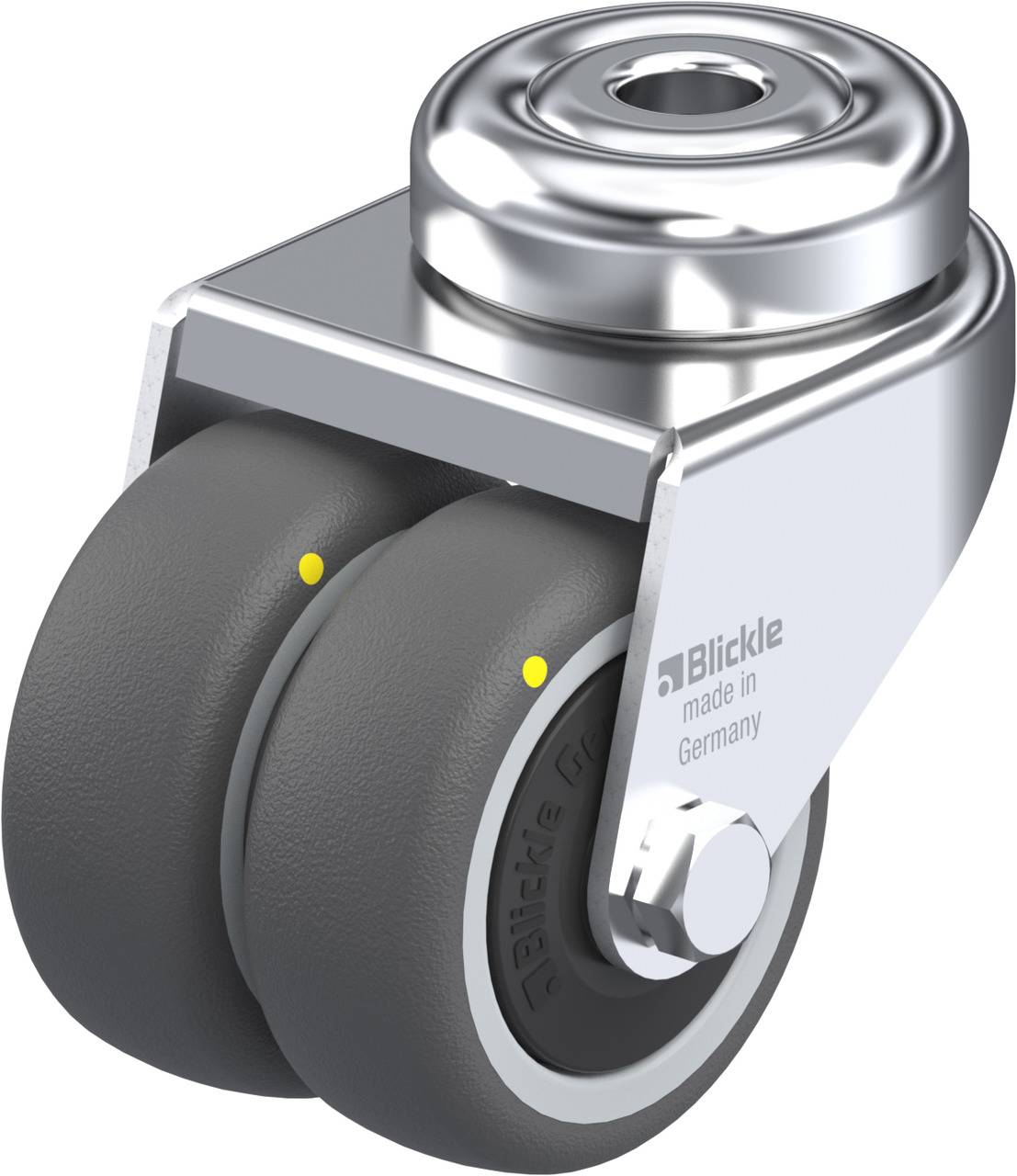 Doppelradrolle aus Metall mit grauen Reifen, Etikett 'Blickle made in Germany'.