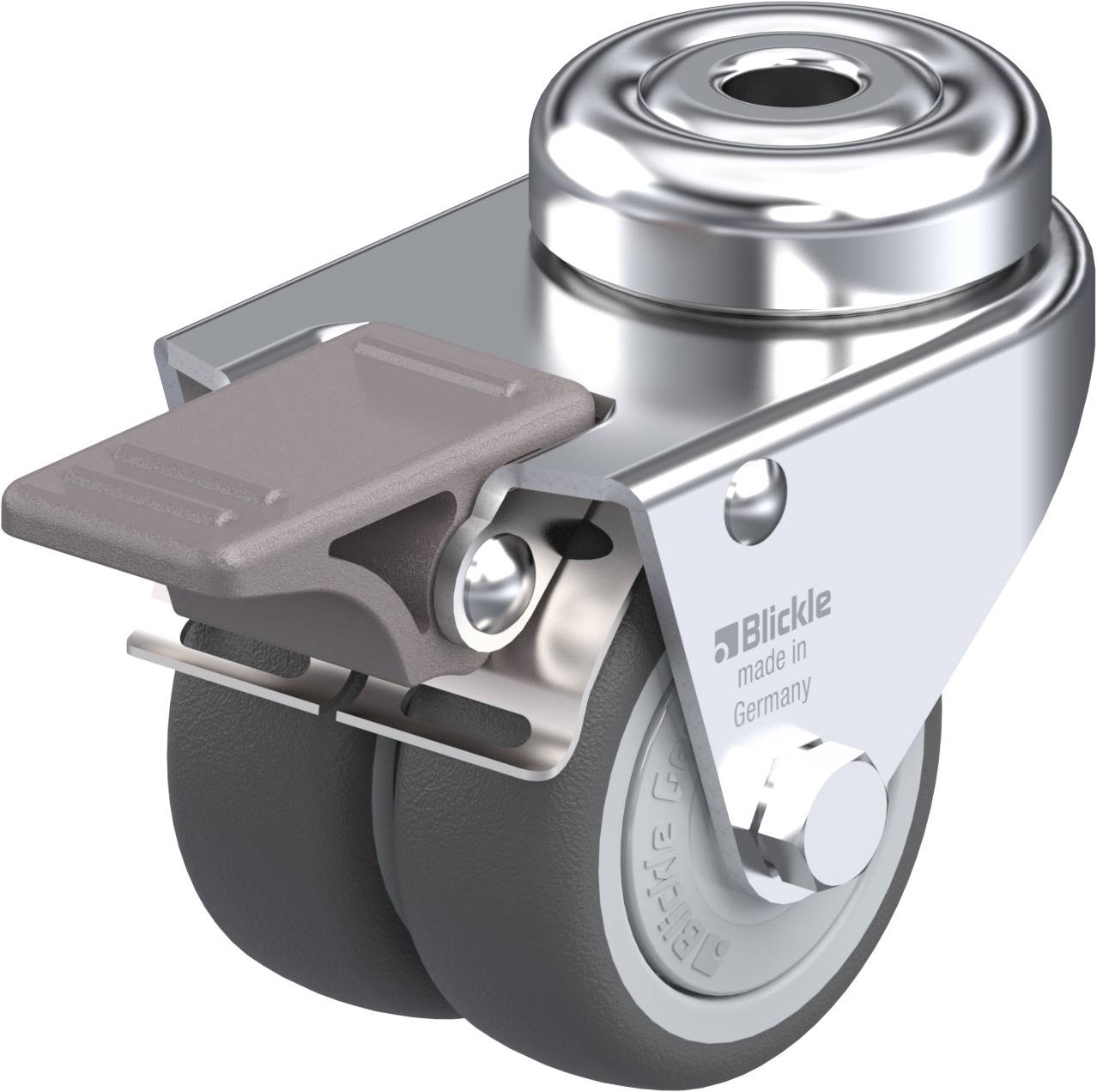 Zweifach-Schwenkrolle mit grauen Rädern auf Metallhalterung, Aufdruck 'Blickle made in Germany'.
