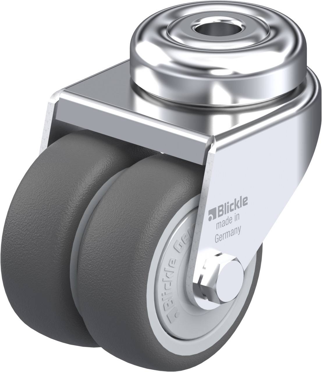 Doppel-Lenkrolle aus Metall mit grauen Kunststoffrädern und Kugellager, Aufschrift 'Blickle made in Germany'.