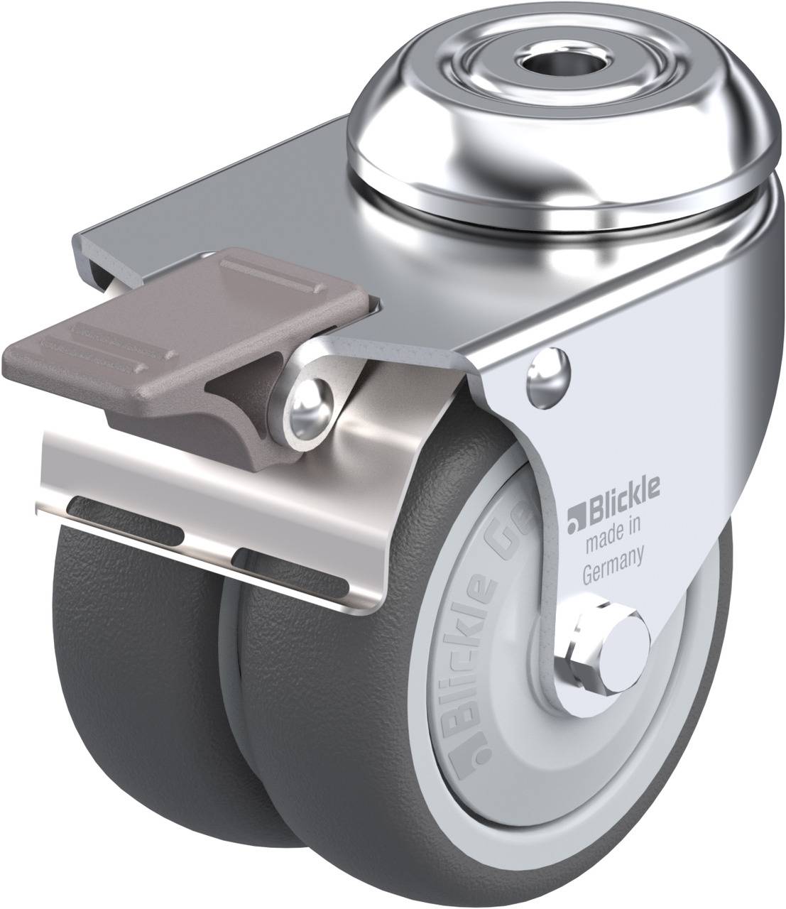 Doppelrolle, schwenkbar, mit Bremse, silbernes Gehäuse. Aufschrift: 'Blickle'.用于工业-双轮，带刹车。