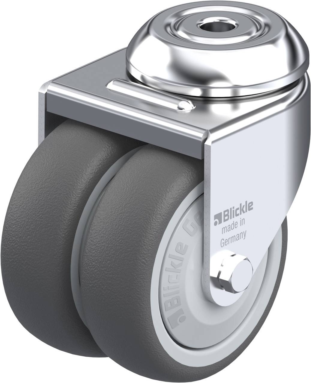 Doppelrolle aus Gummi mit glänzendem Metallgehäuse, geeignet für industrielle Anwendungen. Hergestellt von der Firma mit Aufschrift 'Blickle'.