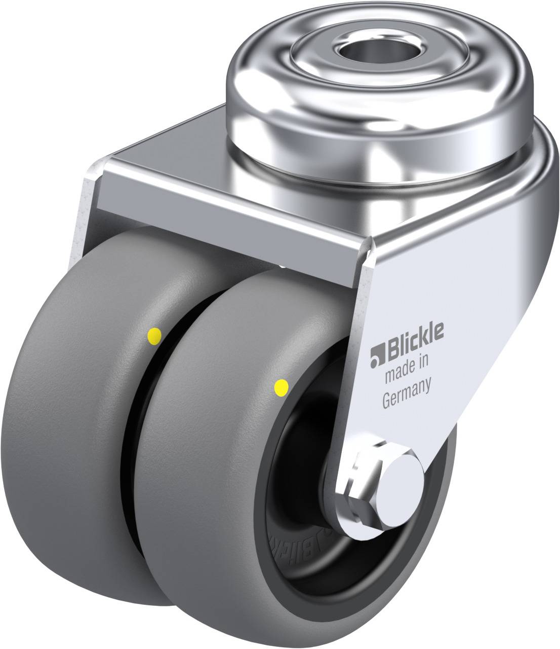 Doppelrolle aus Metall mit grauen Rädern, Marke Blickle, hergestellt in Deutschland, geeignet für Transportanwendungen.