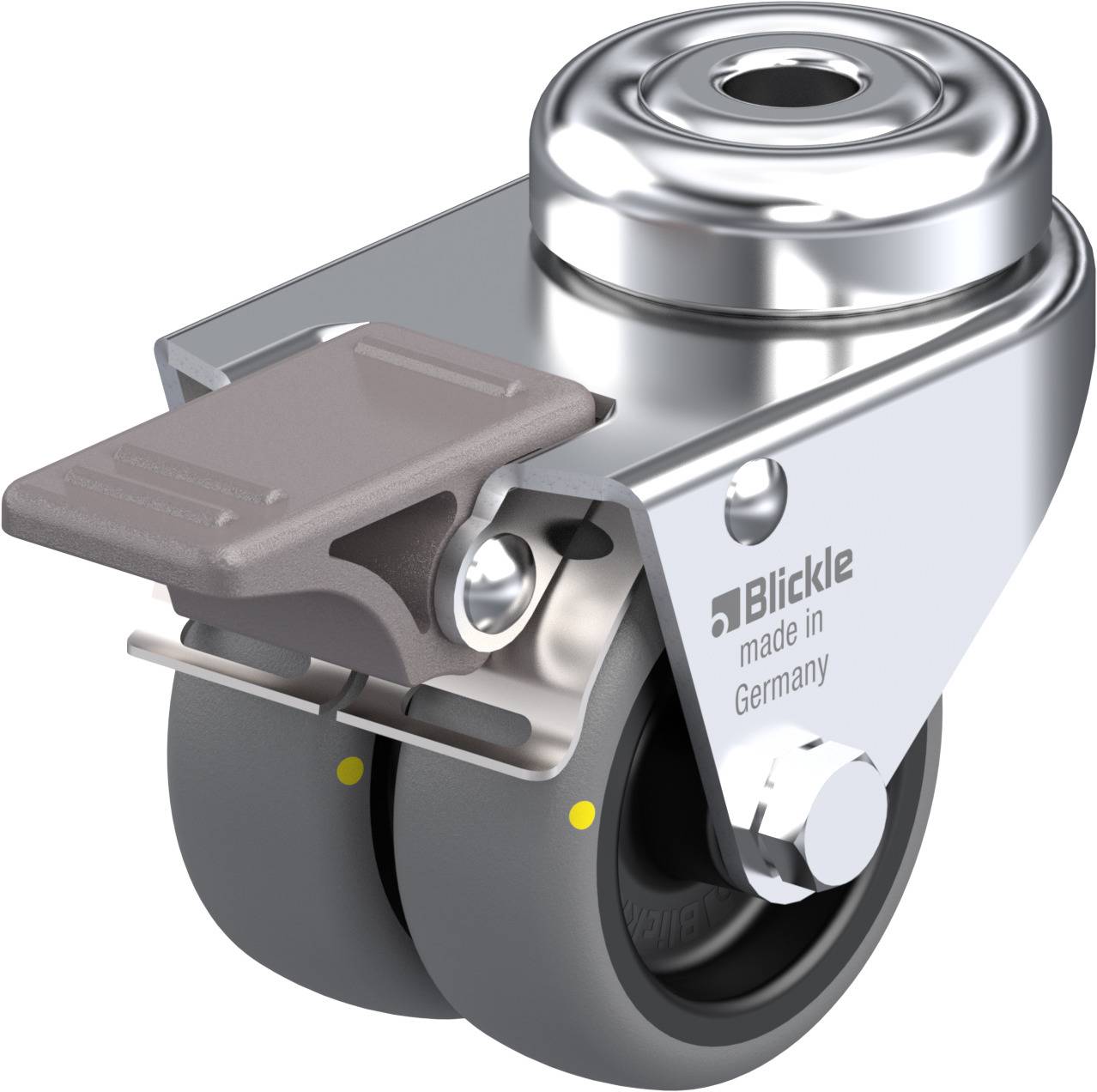 Industrierolle mit Doppelrad, Metallgehäuse und Bremse, Aufschrift 'Blickle made in Germany' sichtbar, geeignet für Schwerlasten.