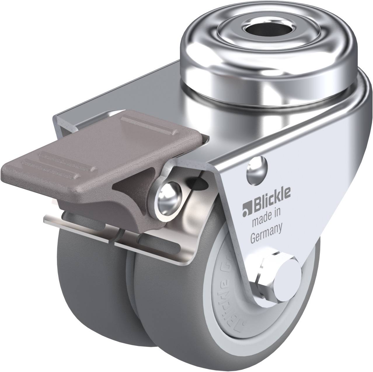 Doppelrolle aus Metall mit Bremse, hergestellt in Deutschland von Blickle.