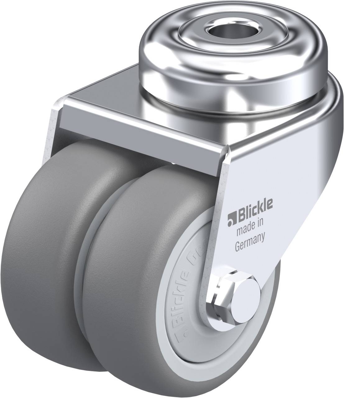 Doppellaufrolle aus grauem Kunststoff mit Metallgehäuse. Aufdruck: 'Blickle made in Germany'.