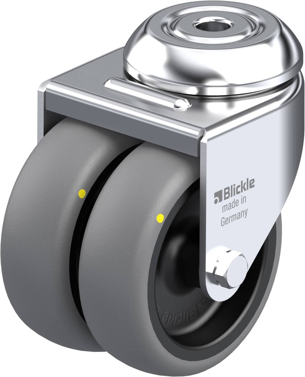 Grau-schwarzes Doppelrollen-Lenkrolle von Blickle, aus Metall, mit glänzendem Gehäuse, Aufschrift 'made in Germany'.