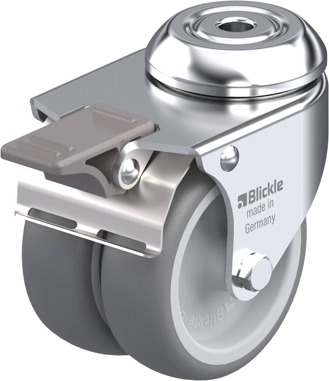 Blickle Doppellaufrolle aus Metall, hergestellt in Deutschland, mit grauen Rädern und Feststellhebel.