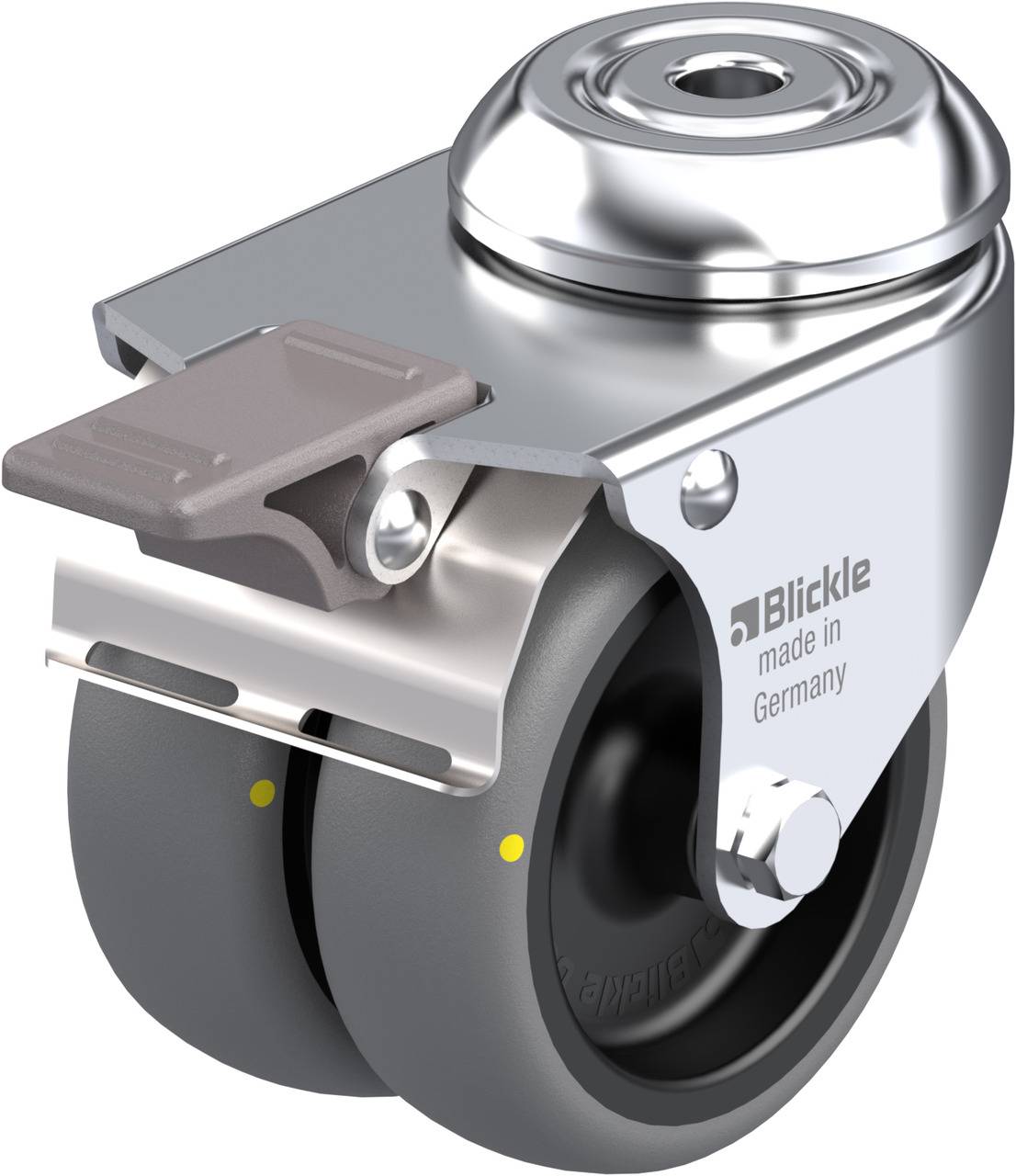 Zwei graue Rollen in einer Metallhalterung, mit einem Hebel an der Seite. Aufschrift: 'Blickle made in Germany'.
