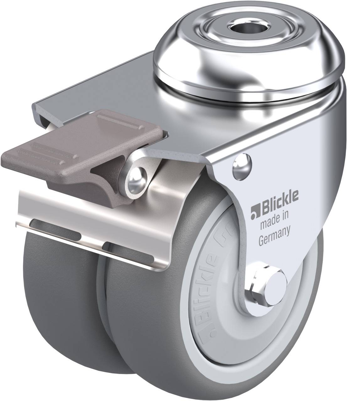 Ein Doppelrad-Lenkrolle mit Bremse, metallischem Gehäuse und der Aufschrift 'Blickle made in Germany'.