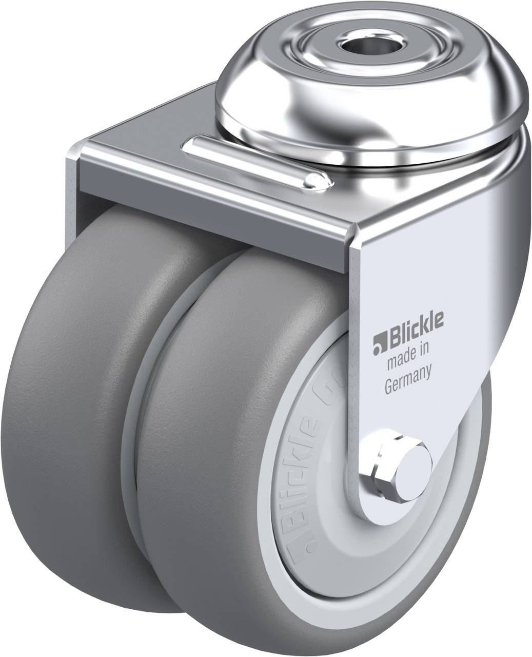 Doppellaufrolle aus Metall und Gummi, geeignet für Möbel oder industrielle Anwendungen; produziert in Deutschland.