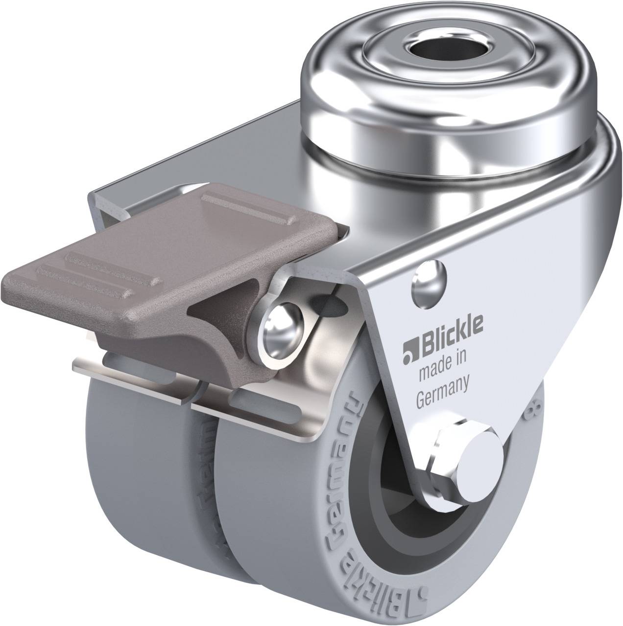 Industrie-Rollenlager aus Metall und Gummi mit grauem Gehäuse und Bremshebel. Made in Germany Beschriftung erkennbar.