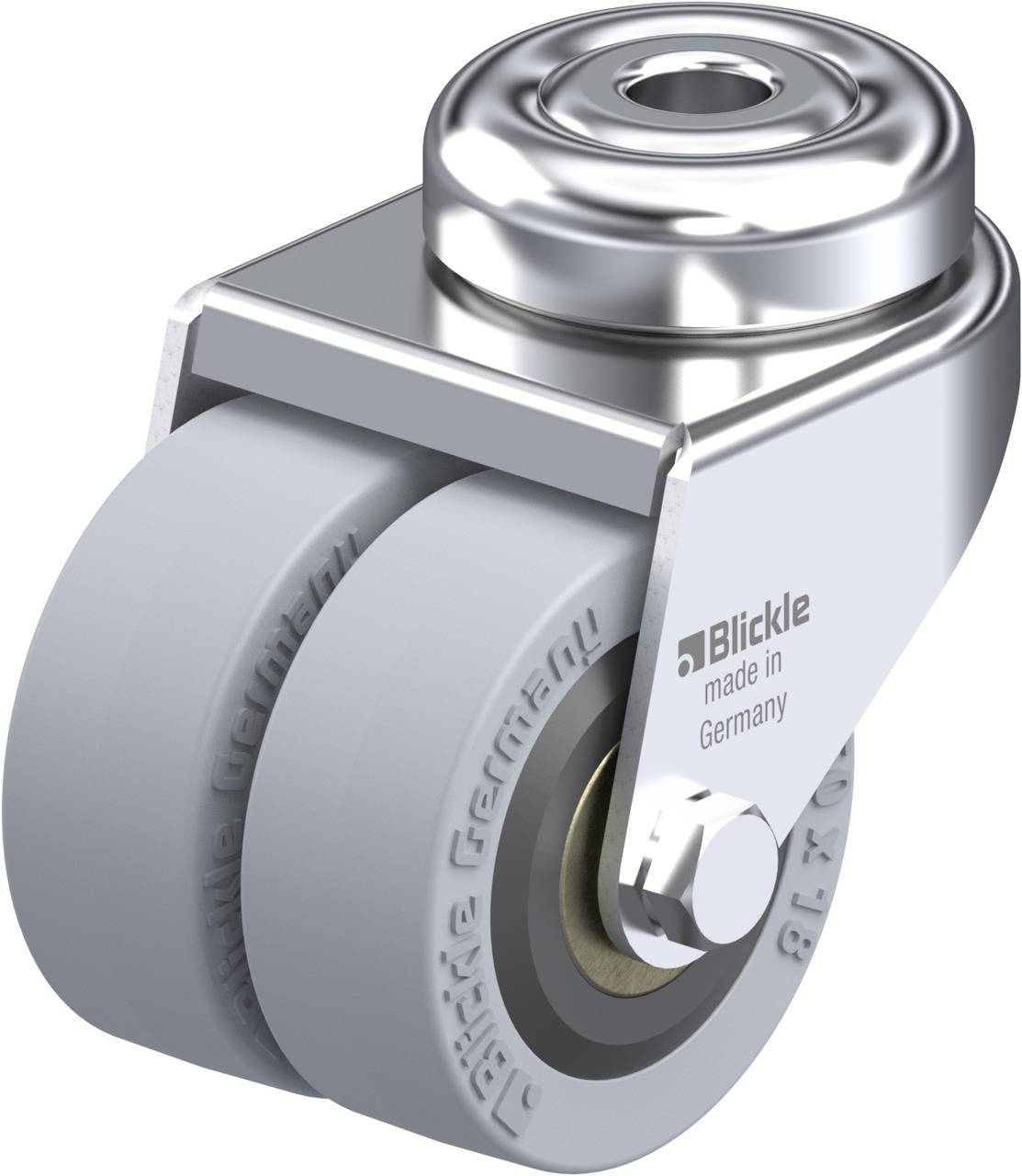 Zwei graue Rollen in einem Metallgehäuse mit der Aufschrift 'Blickle made in Germany'.