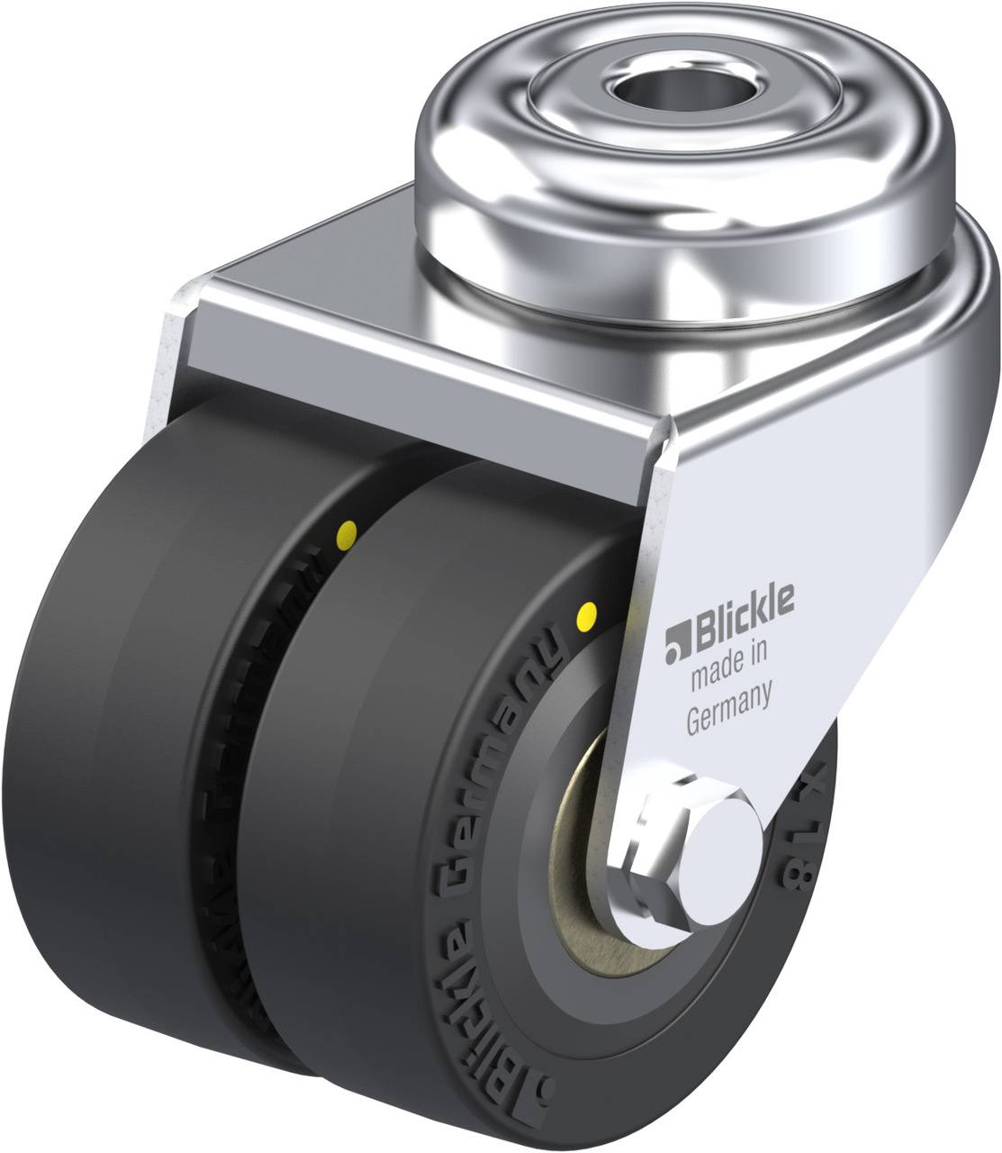 Zweifachrollen-Lenkrolle aus Metall und Kunststoff mit der Aufschrift 'Blickle made in Germany' auf der Seite. Rollen sind schwarz.