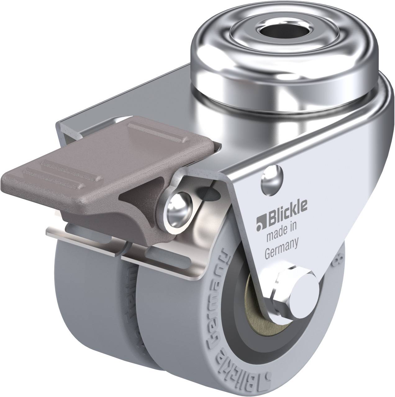 Industrie-Rolle mit Bremse, beschriftet 'made in Germany'. Metallgehäuse und graues Rad zeigen industrielle Stabilität.