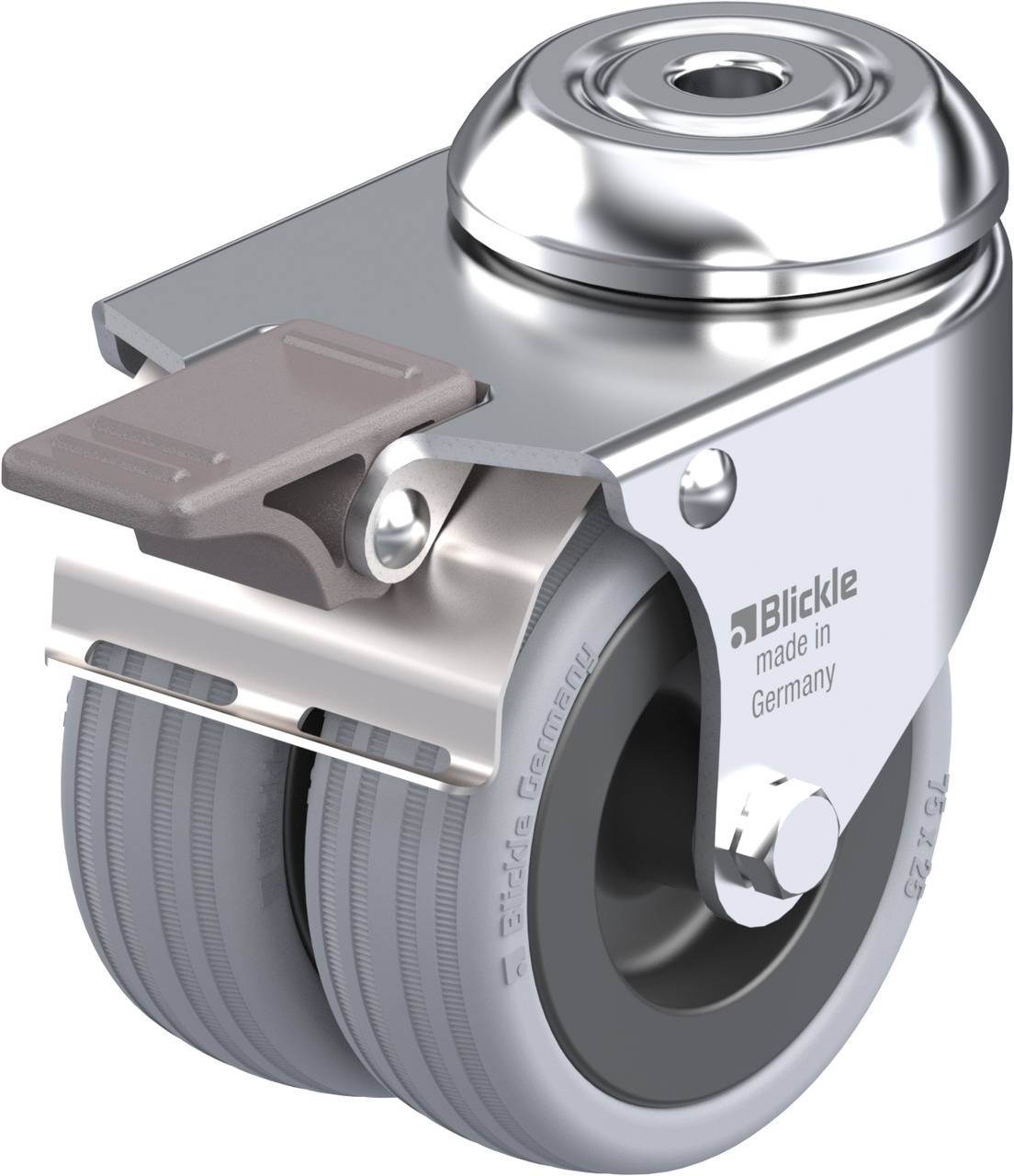 Doppelrolle aus Metall und Gummi mit Bremse, hergestellt von 'Blickle', Aufschrift 'made in Germany', geeignet für Möbel oder Geräte.