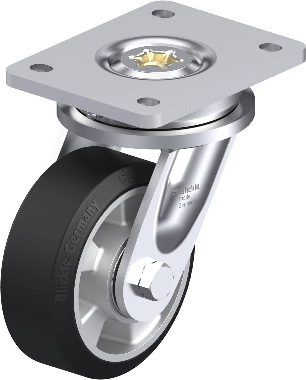 Schwenkrolle aus Metall und Kunststoff mit schwarzem Rad für Möbel oder Transportgeräte, drehbar und mit Montagesockel.