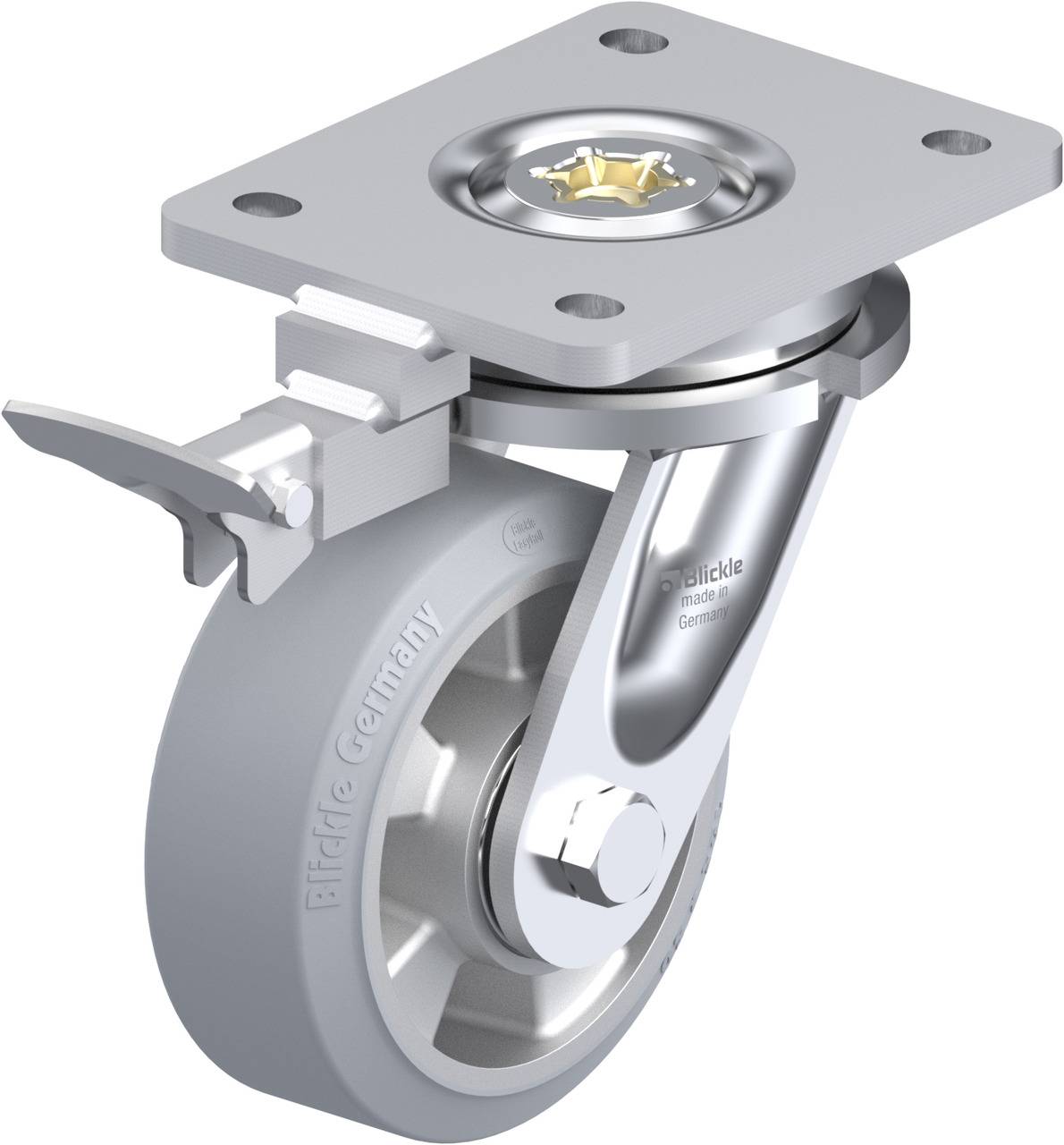 Schwenkrolle aus Metall mit grauem Rad, seitlicher Bremse und quadratischer Montageplatte, geeignet für Transportgeräte.