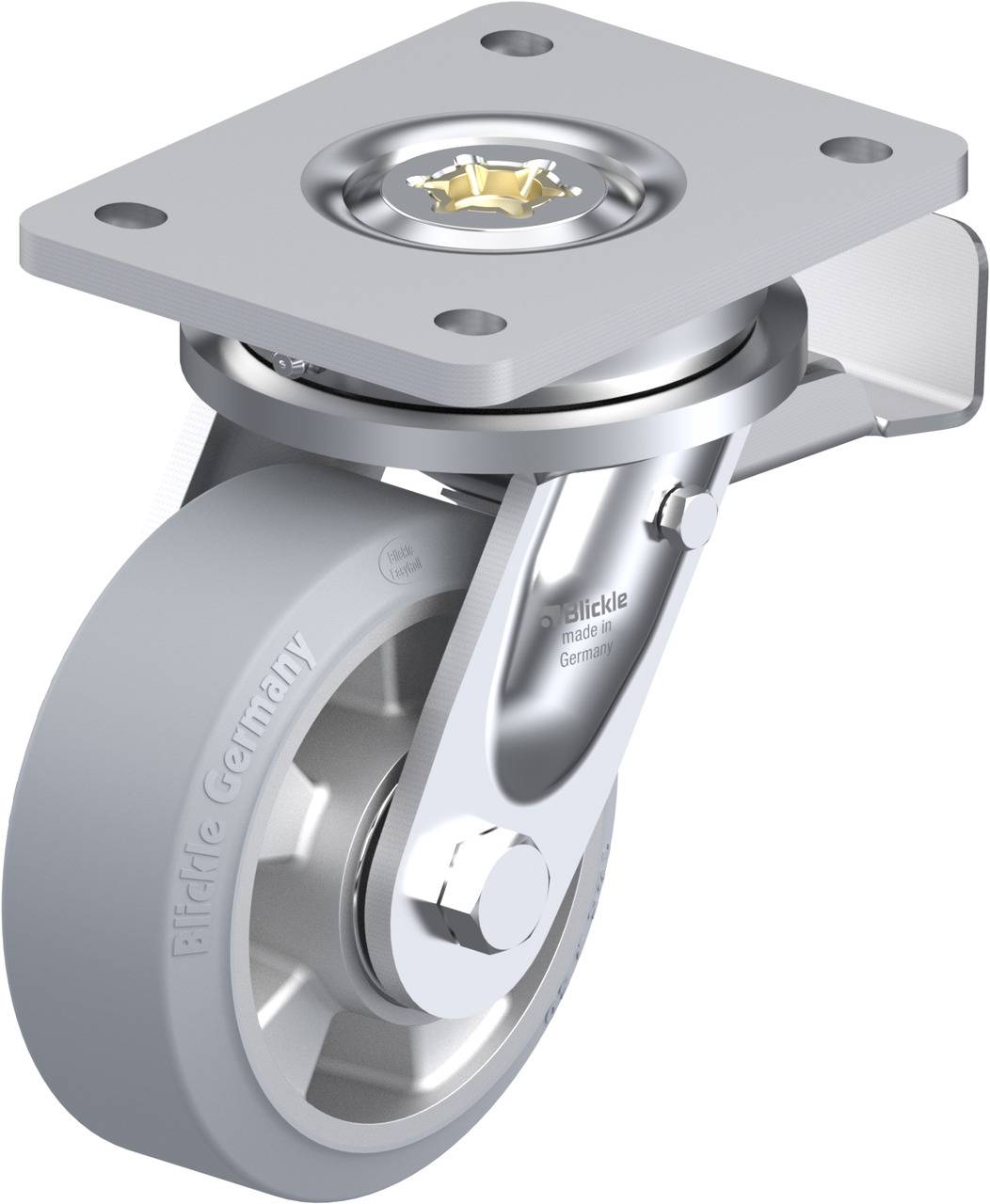 Graue Lenkrolle mit Befestigungsplatte und Kugellager. Aufschrift 'Blickle Germany'.