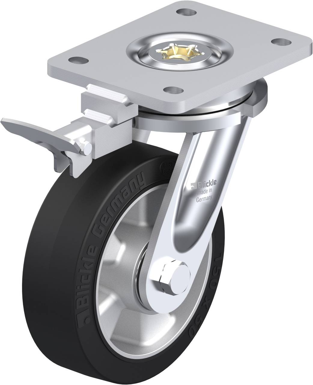 Metallenes Lenkrollenrad mit Gummireifen und Feststellbremse, geeignet für den Einsatz bei Möbeln oder Transportwagen.