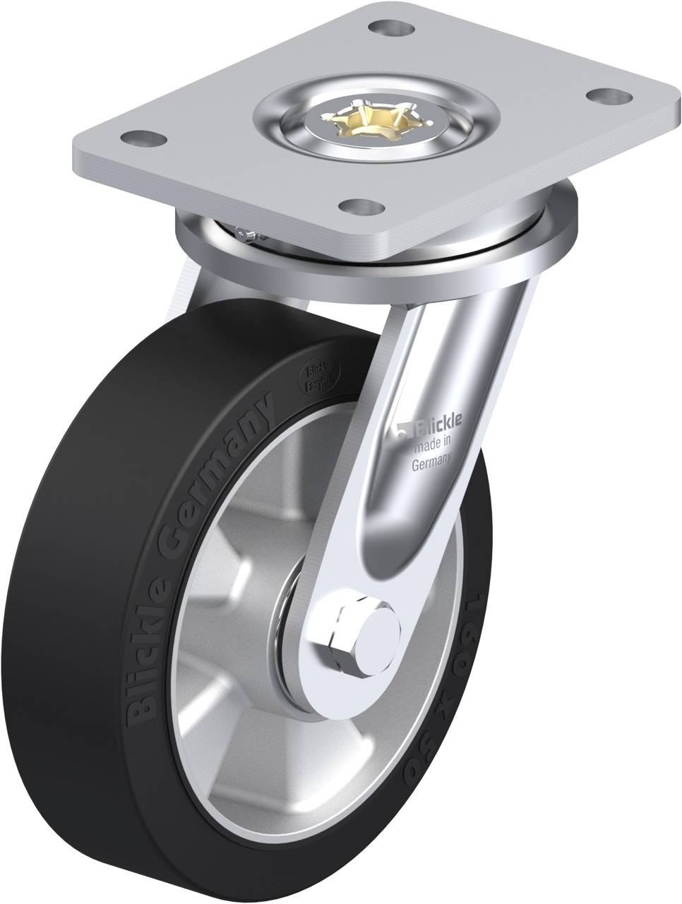 Stabiles schwarzes Industrie-Rad mit silberner Halterung, geeignet für schwere Lasten.