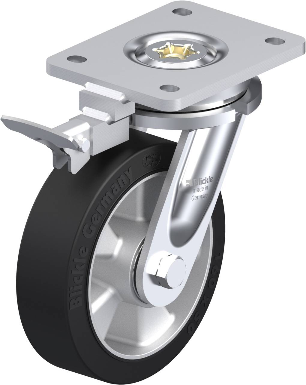 Eine graue Lenkrolle mit schwarzem Rad und Metallgabel zeigt ein Drehgelenk und eine Feststellbremse. Markiert mit 'Blickle Germany'.