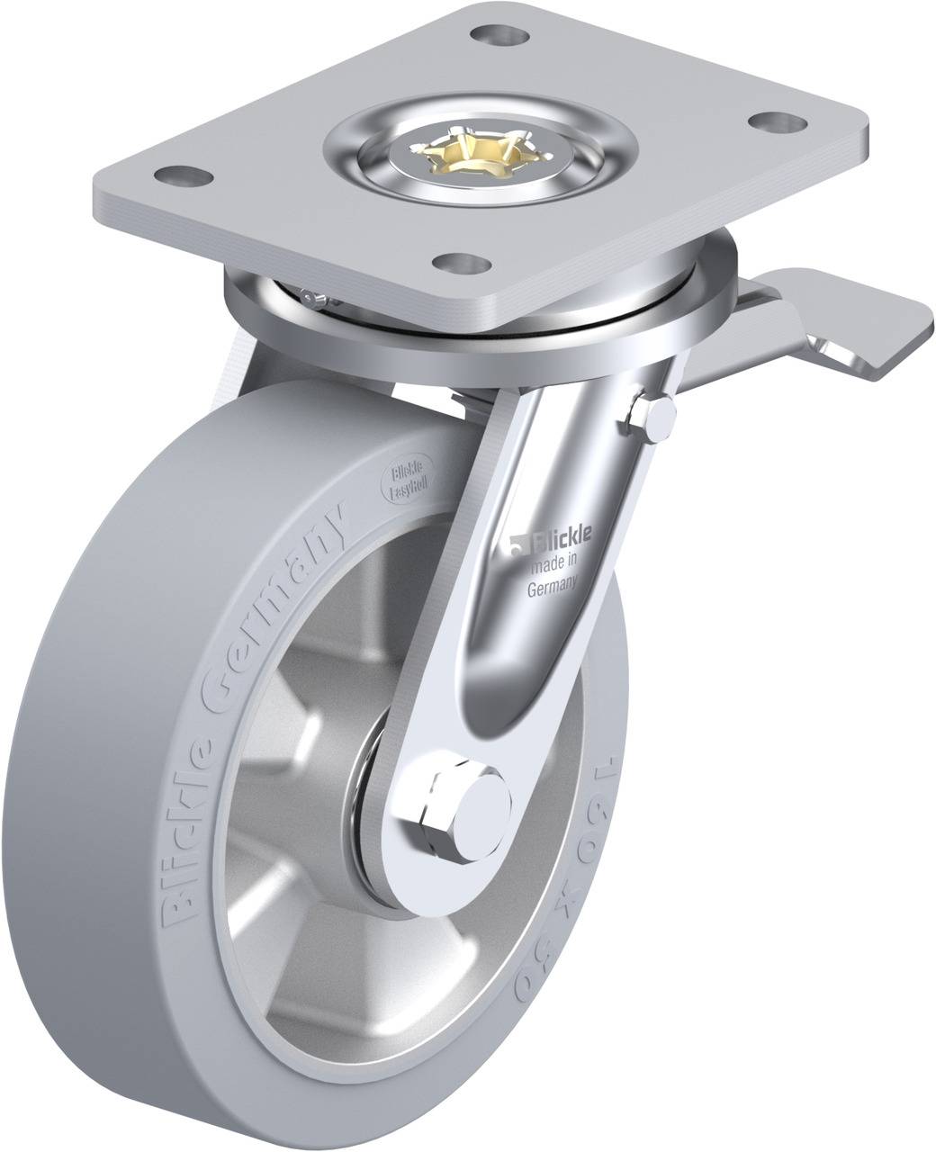 Drehbares Rad aus Metall mit Bremse, montiert auf einer Platte. Geeignet für industrielle Anwendungen, stabil und robust.