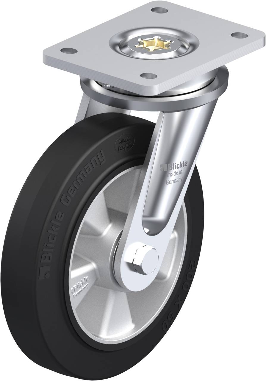 Metallrolle mit schwarzem Gummireifen und Befestigungsplatte, zur Montage an Möbeln oder Geräten.