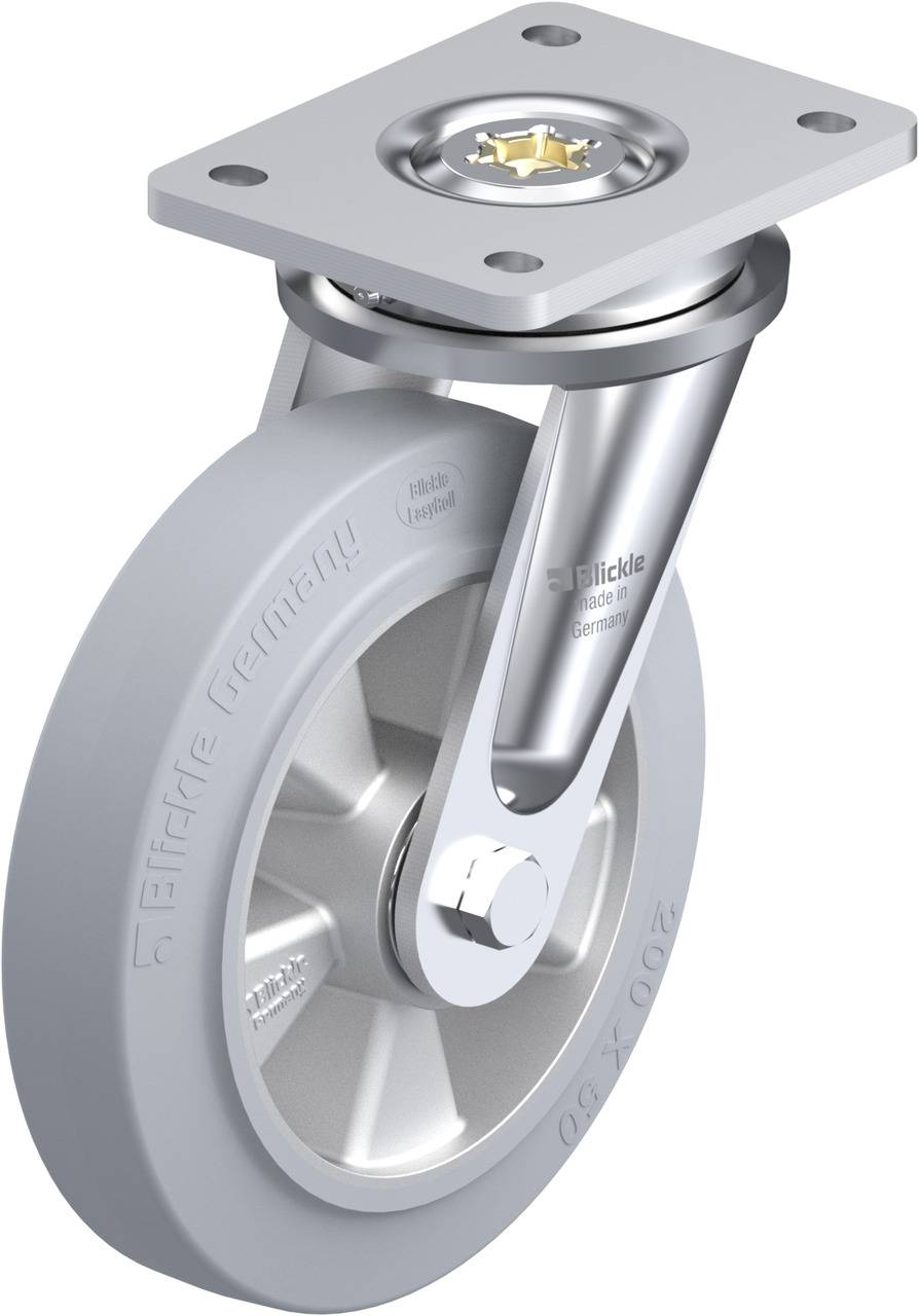 Industrie-Rad aus Metall und Kunststoff mit Befestigungsplatte und Drehgelenk, geeignet für Möbel oder Transportgeräte.