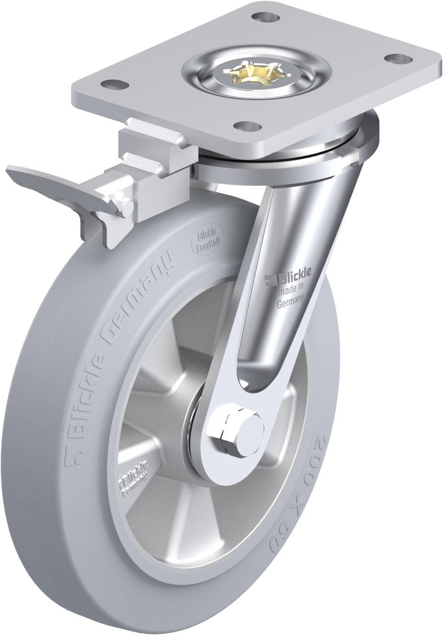 Abbildung eines industriellen Schwenkrads mit grauer Metallplatte und Bremse. Geeignet für schwer belastbare Geräte und Möbel.