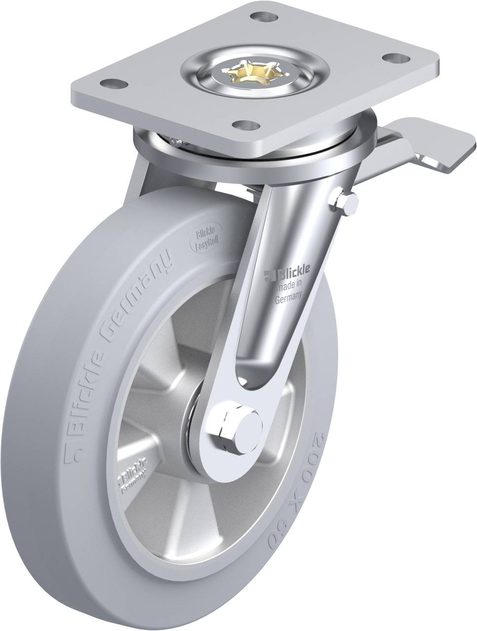 Metall-Rollenrad mit grauem Kunststoffrad und drehbarer Metallhalterung. Die Halterung hat eine rechteckige Montageplatte.