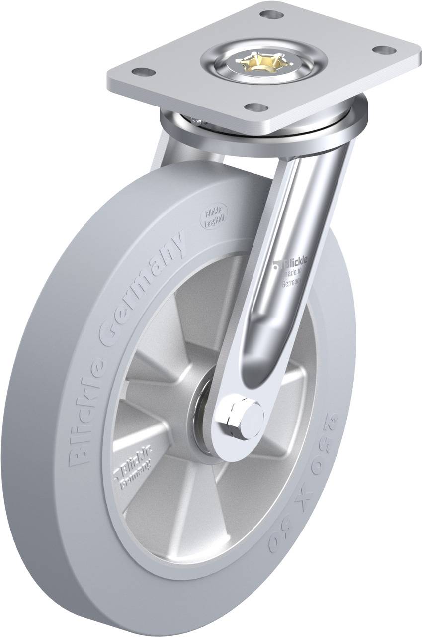 Rundes, graues Rad mit Metallhalterung und rechteckiger Platte oben. Verwendet als drehbarer Lenkompass für Möbel oder Maschinen.