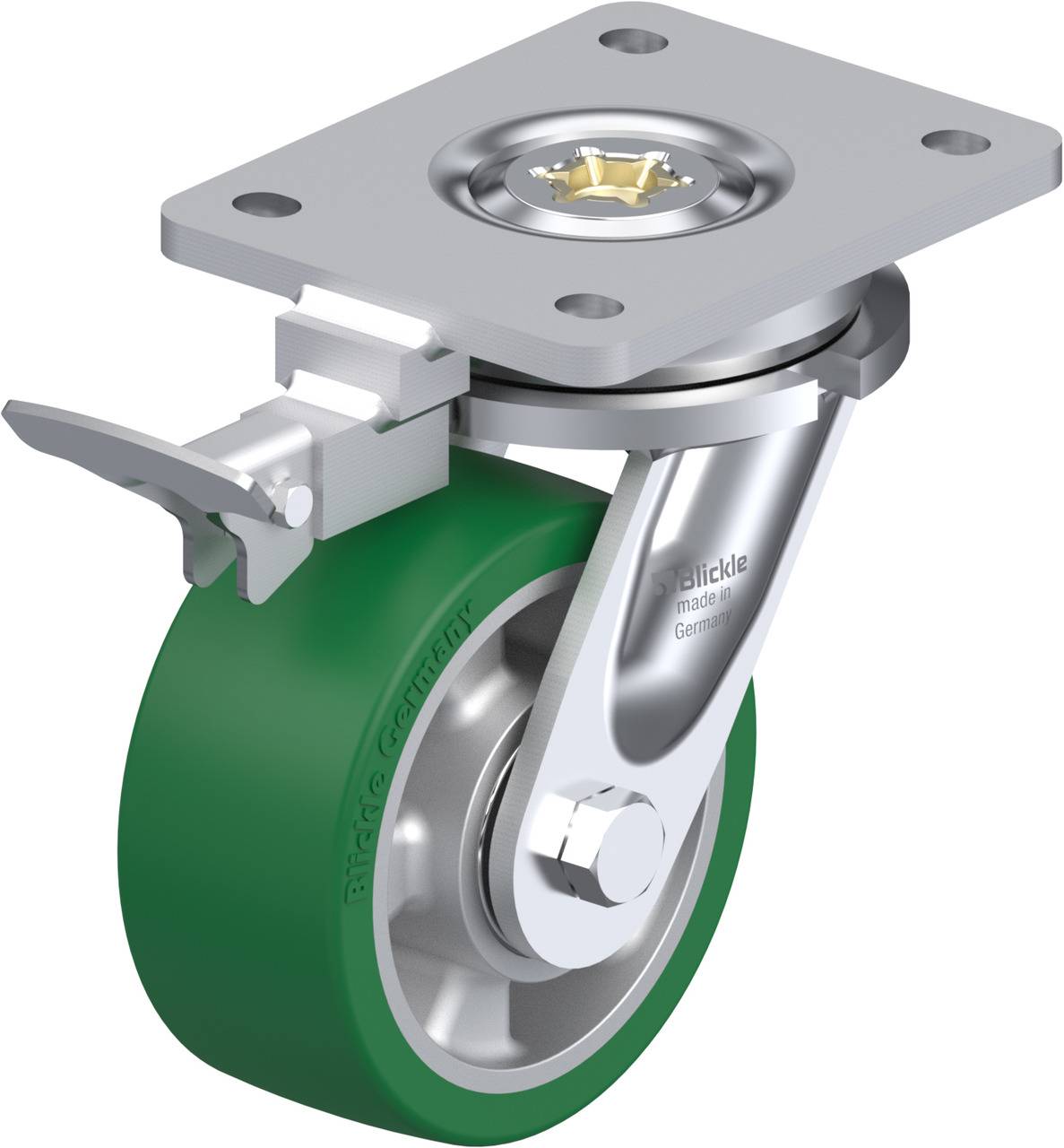 Schwenkrolle mit grünem Reifen, silbernem Metallgehäuse und Befestigungsplatte, seitlicher Feststeller. Einsatz für Möbel oder Transportwagen.