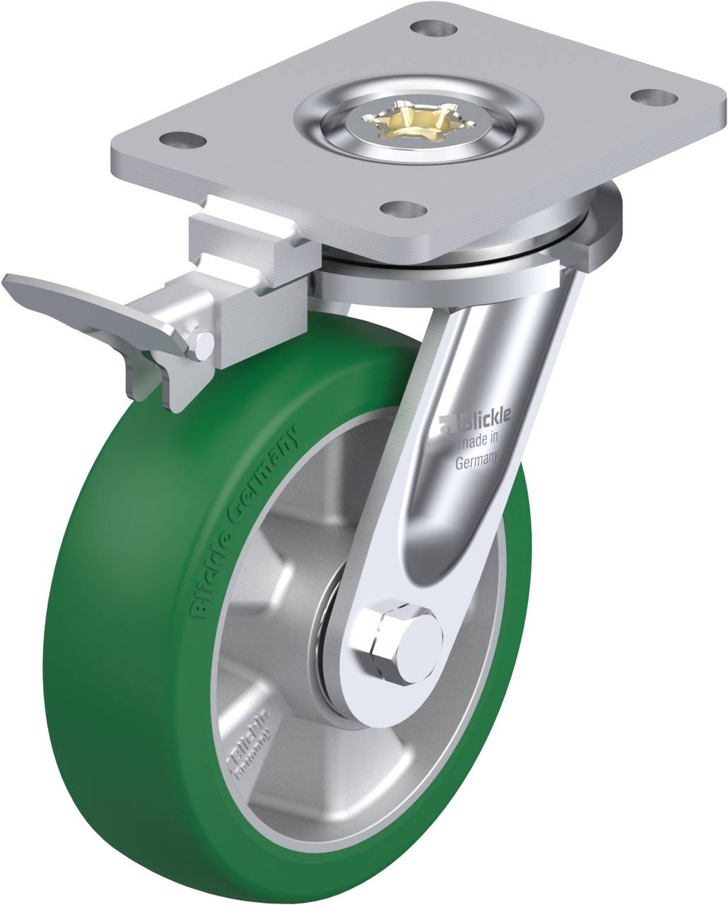 Ein industrielles Lenkrollenrad mit grünem Reifen und Metallsockel mit Bremse, geeignet für Schwerlastanwendungen.