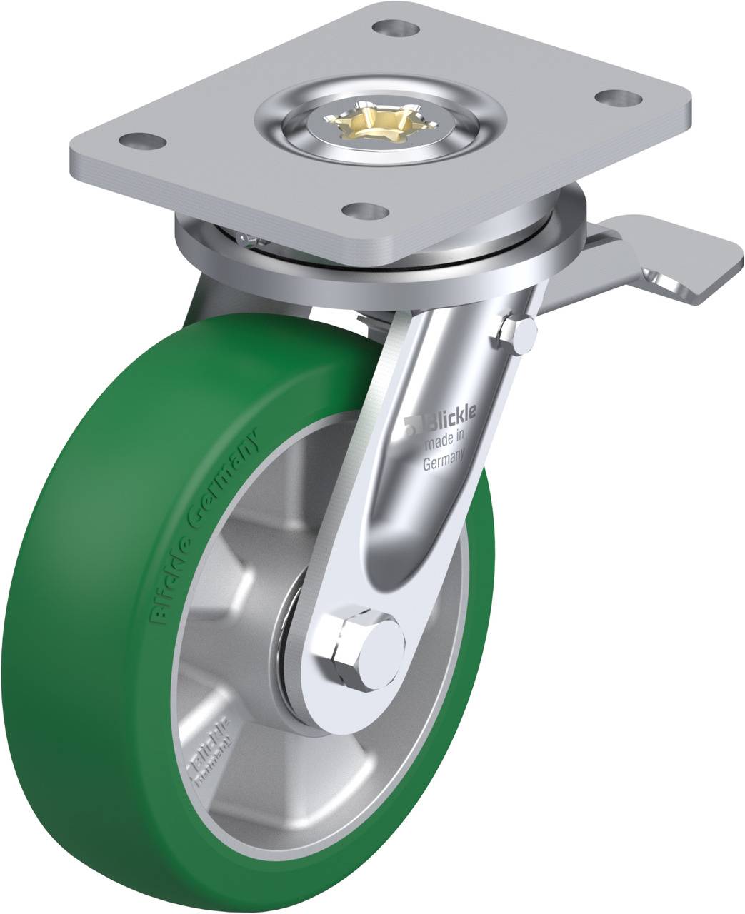 Grünes Lenkrollenrad mit Metallgestell und Bremsmechanismus. Die Rolle ist robust und für Schwerlastanwendungen geeignet.