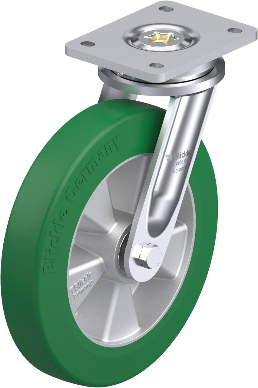Grünes Rad aus Gummi mit silbernem Metallhalfter, verwendet für Möbel oder Transportgeräte. Drehbar gelagert für flexible Bewegung.