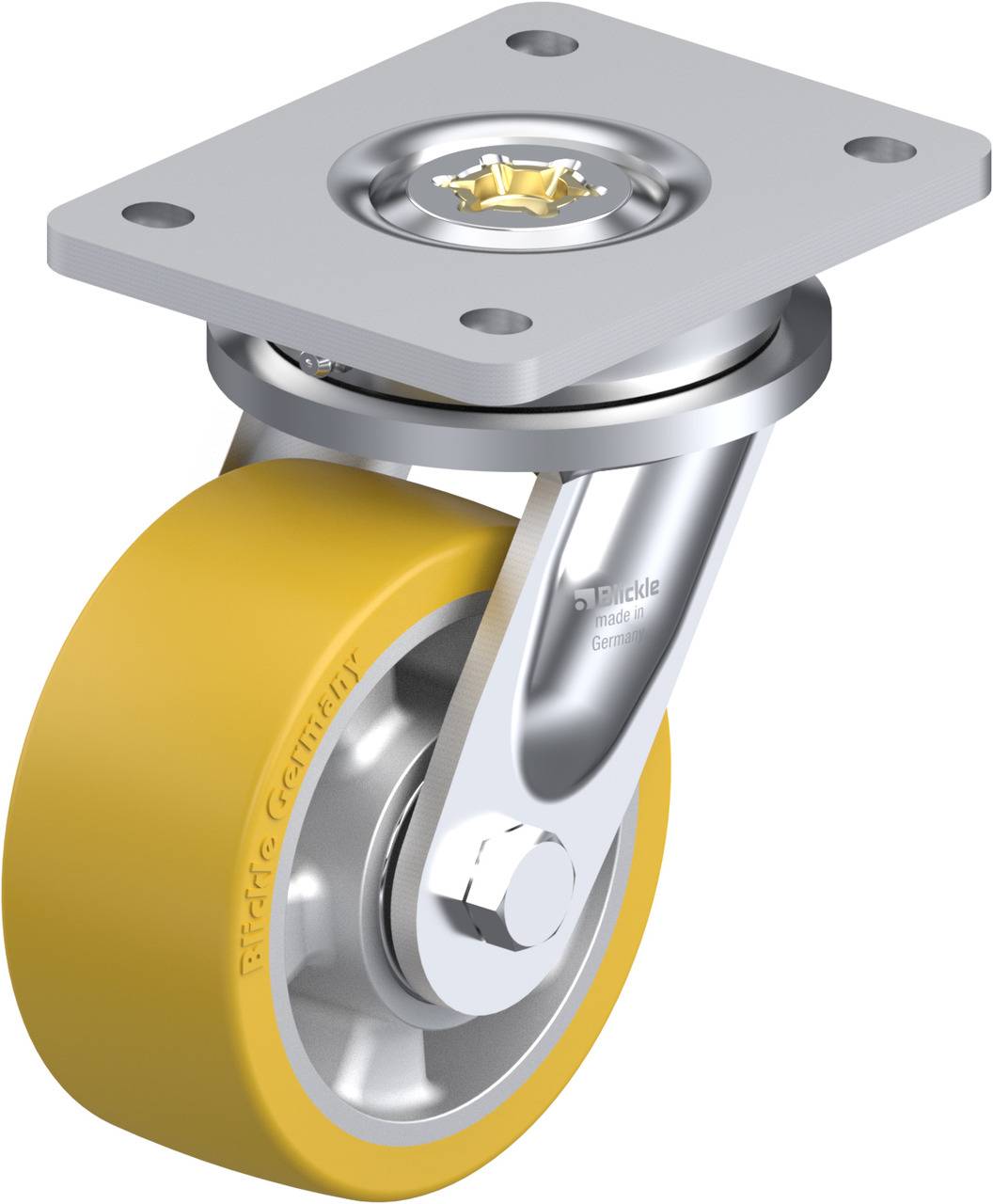 Ein gelbes Lenkrolle mit Metallscheibe und Befestigungsplatte aus Edelstahl. Geeignet für industrielle Anwendungen und schwere Lasten.